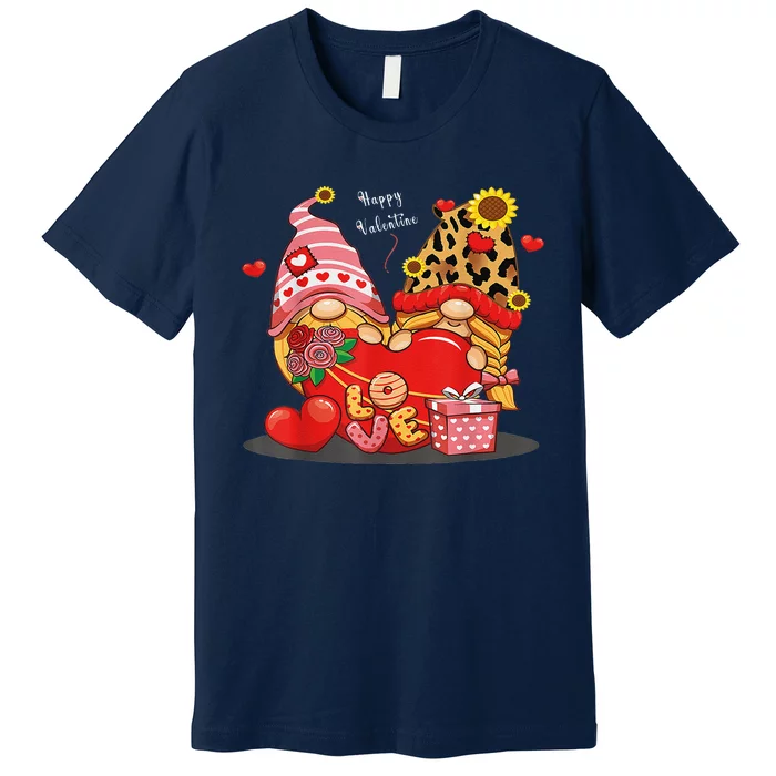 Happy Valentines Day Gnomes With Leopard Sunflower Valentine Cute Day Premium T-Shirt