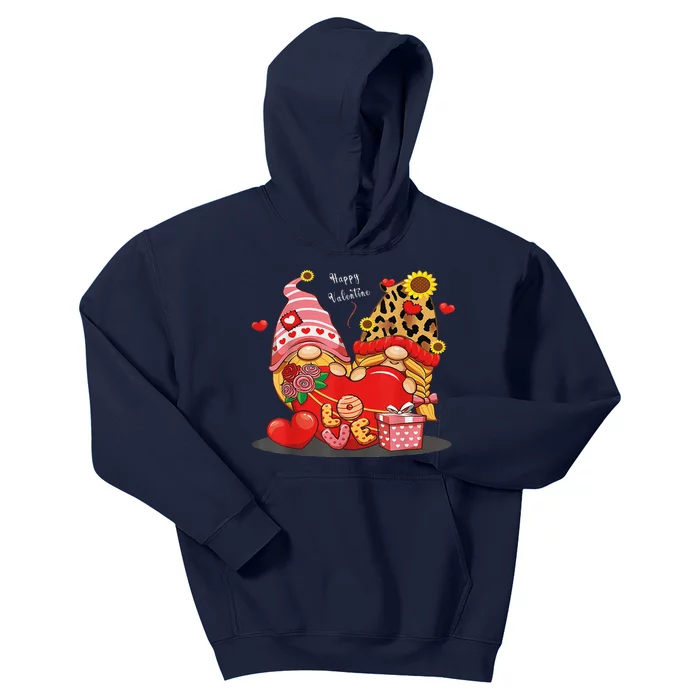 Happy Valentines Day Gnomes With Leopard Sunflower Valentine Cute Day Kids Hoodie