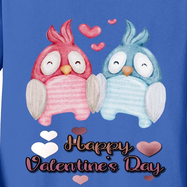 Happy Valentine's Day With Cute Penguins Couple And Hearts Cute Gift Kids Long Sleeve Shirt