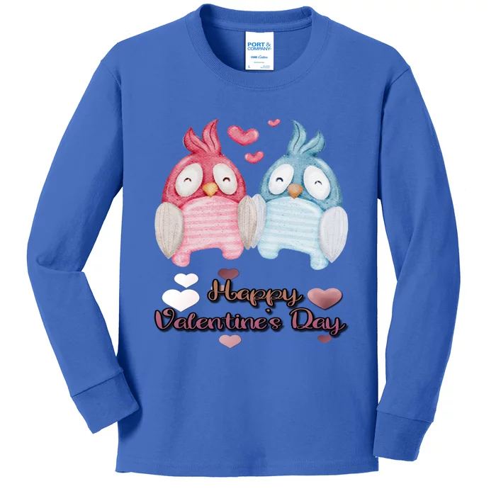 Happy Valentine's Day With Cute Penguins Couple And Hearts Cute Gift Kids Long Sleeve Shirt