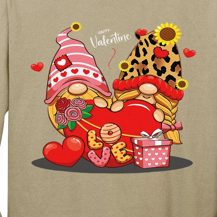 Happy Valentines Day Gnomes With Leopard Sunflower Valentine Cute Love Tall Long Sleeve T-Shirt