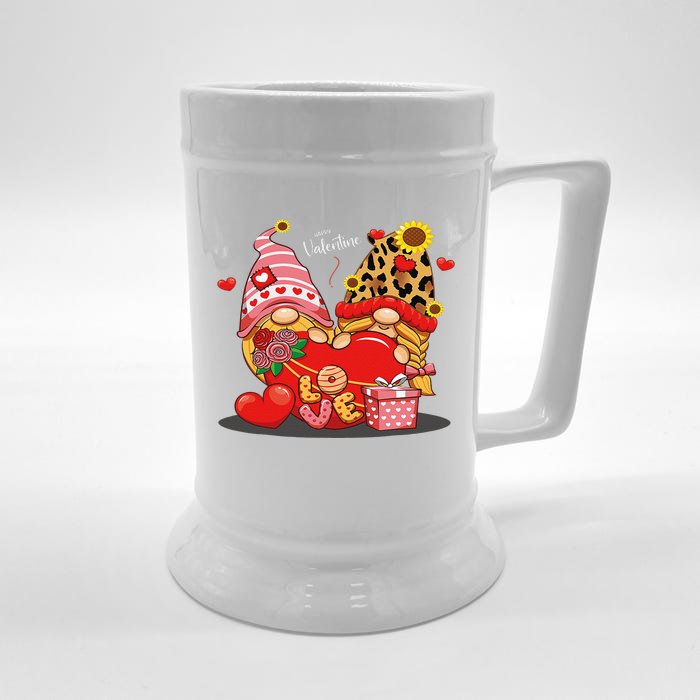 Happy Valentines Day Gnomes With Leopard Sunflower Valentine Cute Front & Back Beer Stein