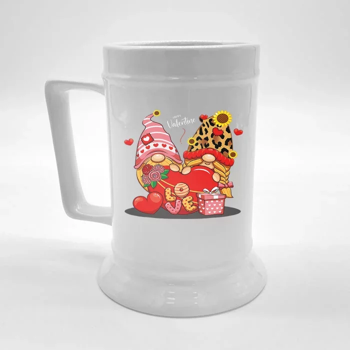 Happy Valentines Day Gnomes With Leopard Sunflower Valentine Cute Front & Back Beer Stein