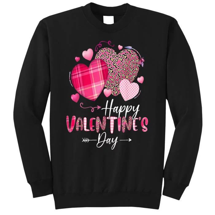 Happy Valentines Day Leopard And Plaid Hearts Girl Women Tall Sweatshirt