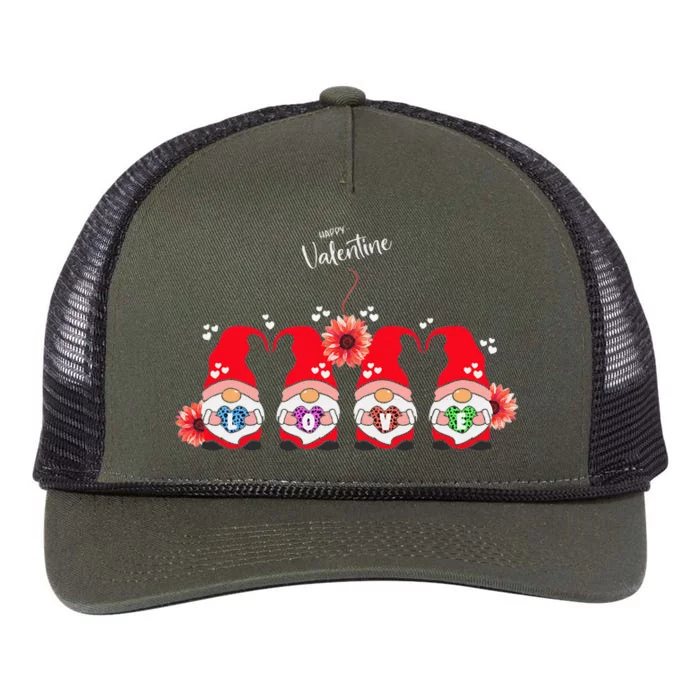 Happy Valentines Day Gnomes With Leopard Sunflower Valentine Day Retro Rope Trucker Hat Cap