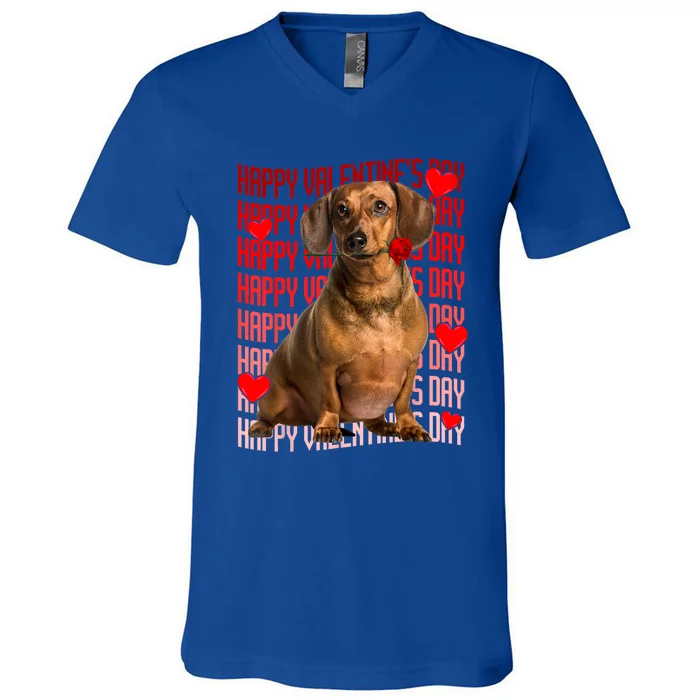 Happy Valentines Day Dachshund Dog & Red Hearts Gift For Boy Girl V-Neck T-Shirt