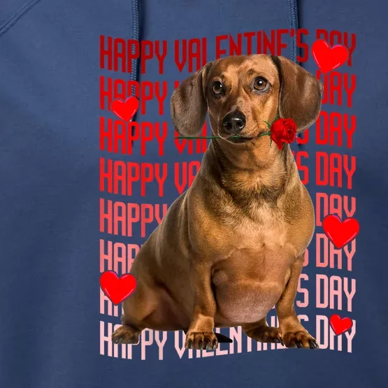 Happy Valentines Day Dachshund Dog & Red Hearts Gift For Boy Girl Performance Fleece Hoodie