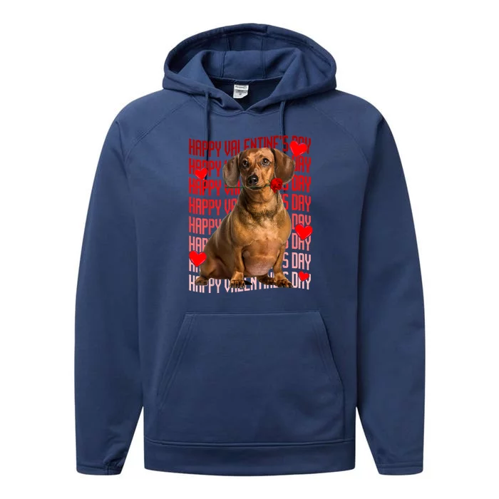 Happy Valentines Day Dachshund Dog & Red Hearts Gift For Boy Girl Performance Fleece Hoodie