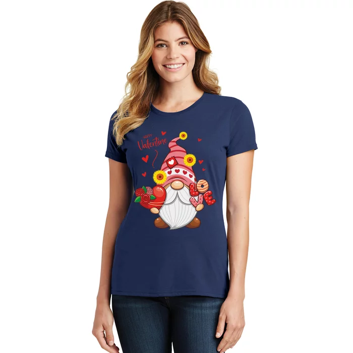 Happy Valentines Day Gnomes With Leopard Sunflower Valentine Love Cute Women's T-Shirt