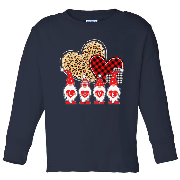 Happy Valentines Day Cute Gnomes Leopard Plaid Hearts Love Toddler Long Sleeve Shirt