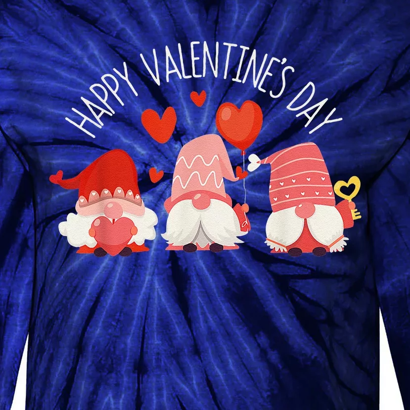 Happy Valentines Day Cute Three Gnomes Hearts Couple Gifts Tie-Dye Long Sleeve Shirt