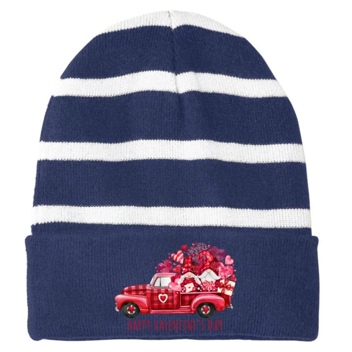 Happy Valentines Day Gnome Vintage Truck Striped Beanie with Solid Band