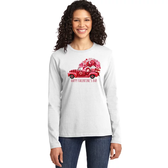 Happy Valentines Day Gnome Vintage Truck Ladies Long Sleeve Shirt