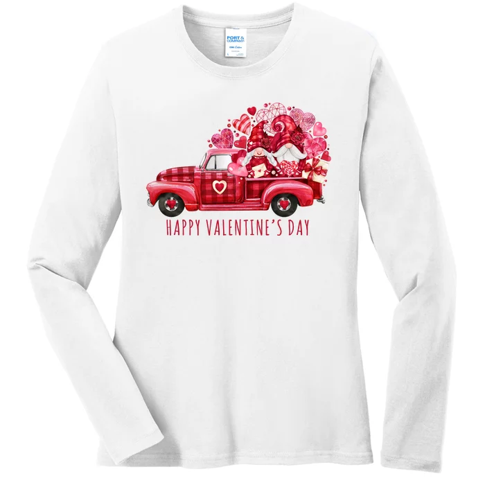 Happy Valentines Day Gnome Vintage Truck Ladies Long Sleeve Shirt