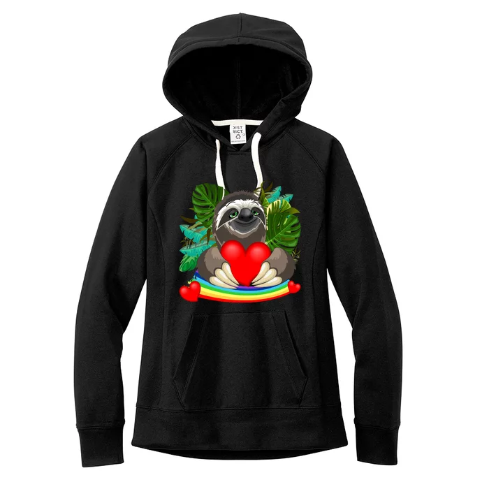 Happy Valentines Day Cute Sloth With Rainbow And Heart Women's Fleece Hoodie