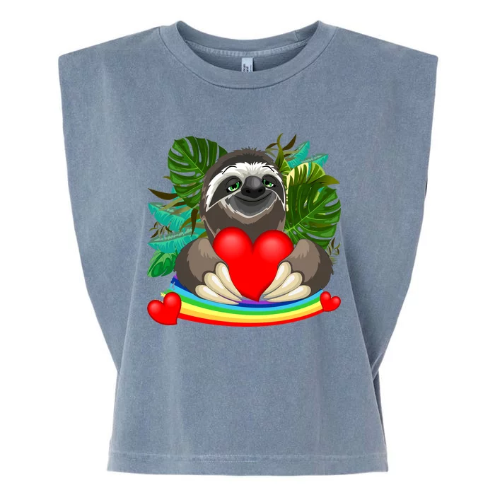 Happy Valentines Day Cute Sloth With Rainbow And Heart Garment-Dyed Women's Muscle Tee