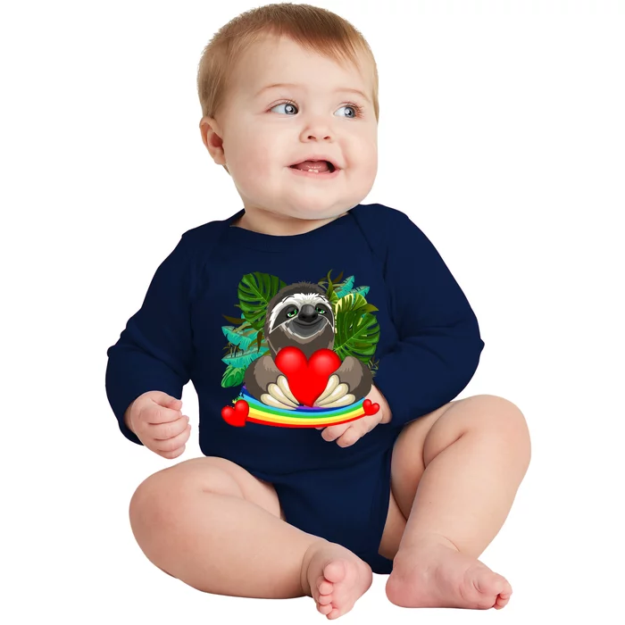 Happy Valentines Day Cute Sloth With Rainbow And Heart Baby Long Sleeve Bodysuit