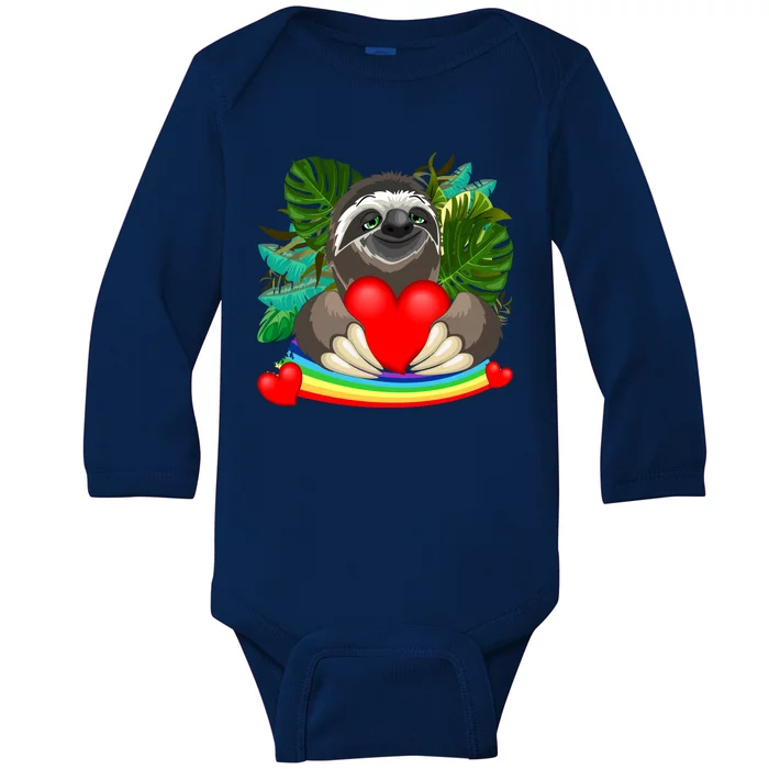 Happy Valentines Day Cute Sloth With Rainbow And Heart Baby Long Sleeve Bodysuit