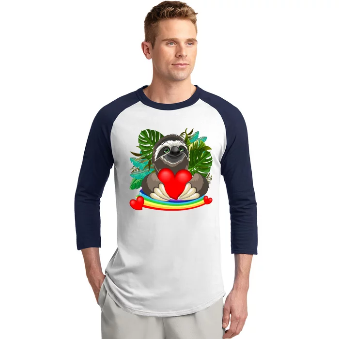 Happy Valentines Day Cute Sloth With Rainbow And Heart Baseball Sleeve Shirt