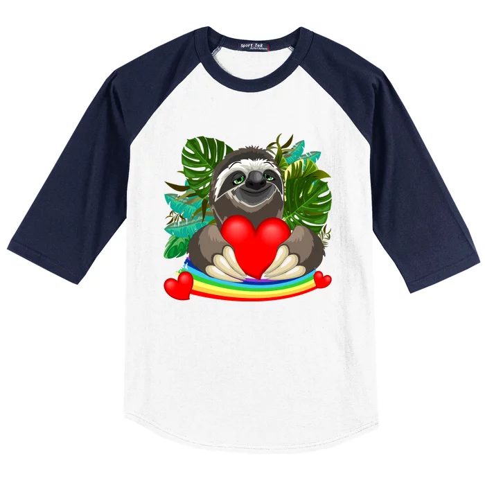 Happy Valentines Day Cute Sloth With Rainbow And Heart Baseball Sleeve Shirt