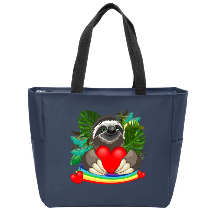 Happy Valentines Day Cute Sloth With Rainbow And Heart Zip Tote Bag