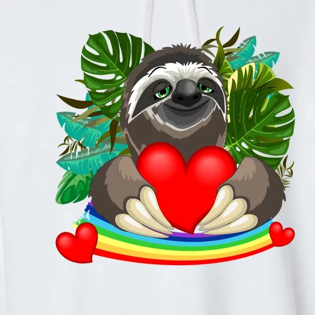 Happy Valentines Day Cute Sloth With Rainbow And Heart Garment-Dyed Fleece Hoodie