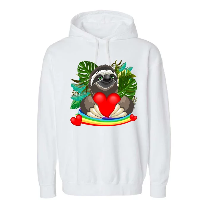 Happy Valentines Day Cute Sloth With Rainbow And Heart Garment-Dyed Fleece Hoodie