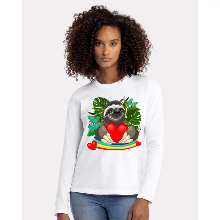 Happy Valentines Day Cute Sloth With Rainbow And Heart Womens Cotton Relaxed Long Sleeve T-Shirt