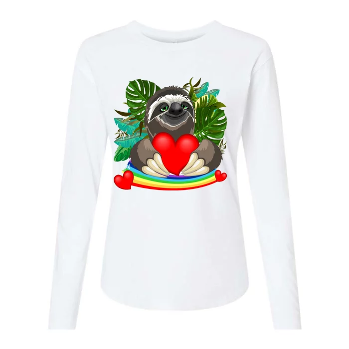 Happy Valentines Day Cute Sloth With Rainbow And Heart Womens Cotton Relaxed Long Sleeve T-Shirt