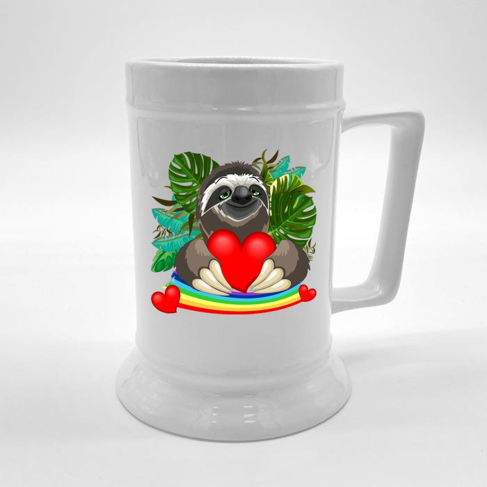 Happy Valentines Day Cute Sloth With Rainbow And Heart Front & Back Beer Stein