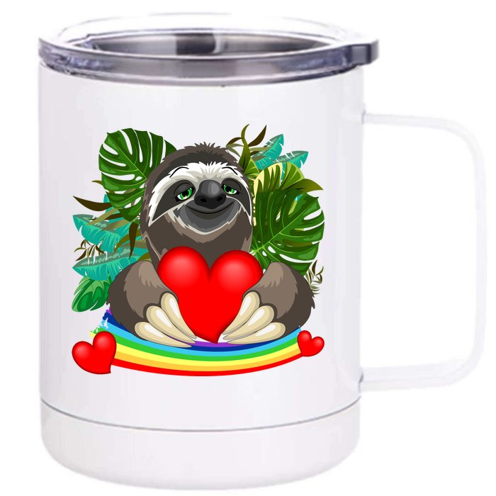 Happy Valentines Day Cute Sloth With Rainbow And Heart Front & Back 12oz Stainless Steel Tumbler Cup