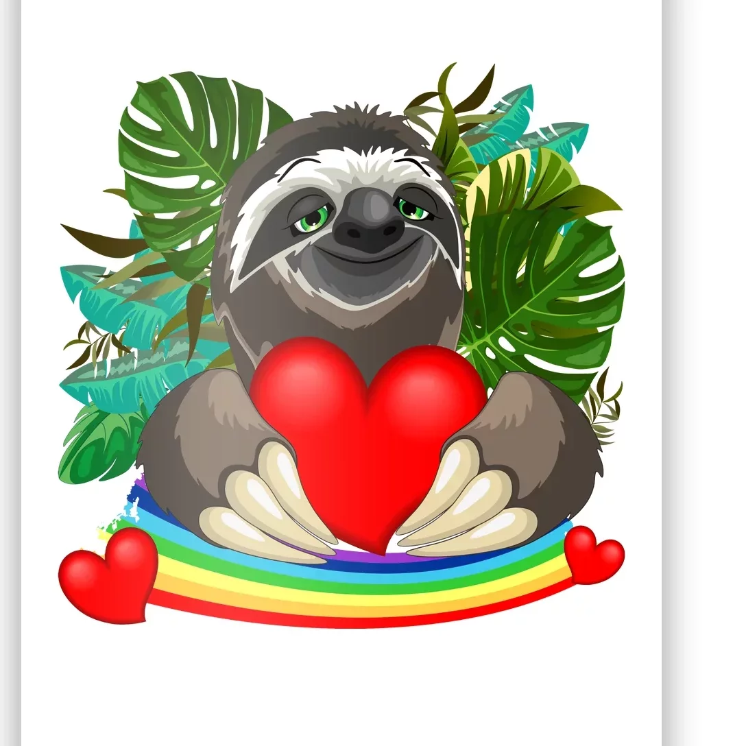 Happy Valentines Day Cute Sloth With Rainbow And Heart Poster