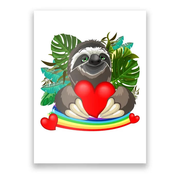 Happy Valentines Day Cute Sloth With Rainbow And Heart Poster