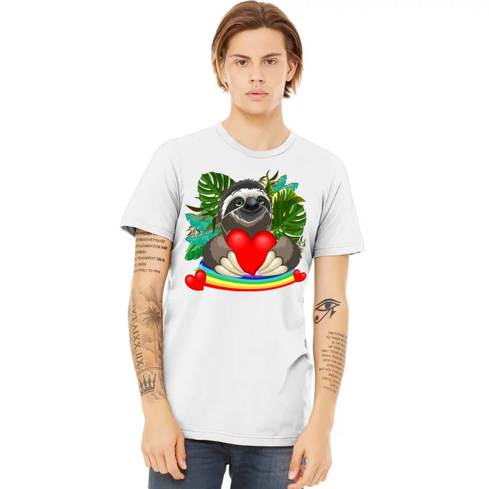 Happy Valentines Day Cute Sloth With Rainbow And Heart Premium T-Shirt