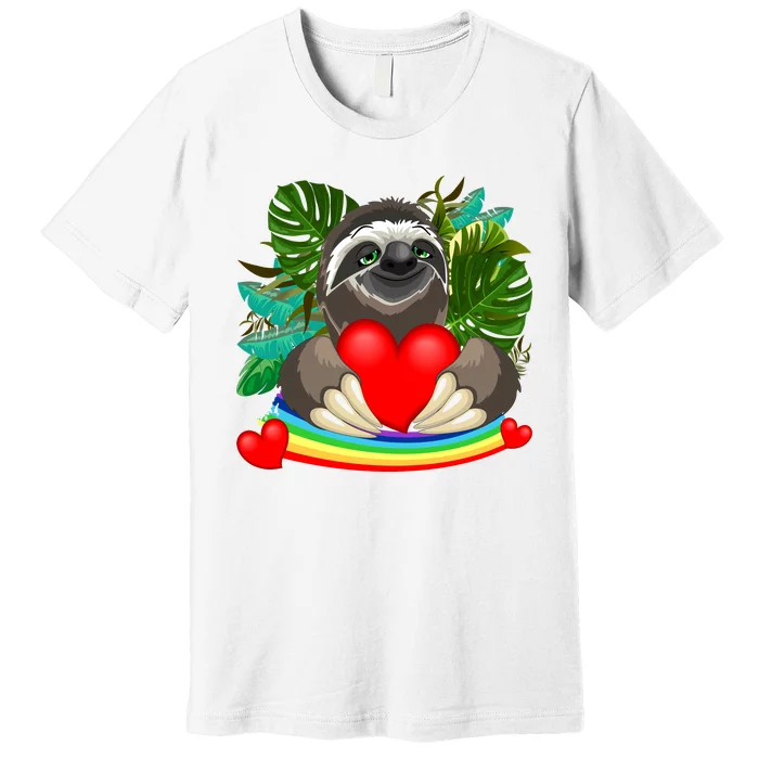 Happy Valentines Day Cute Sloth With Rainbow And Heart Premium T-Shirt