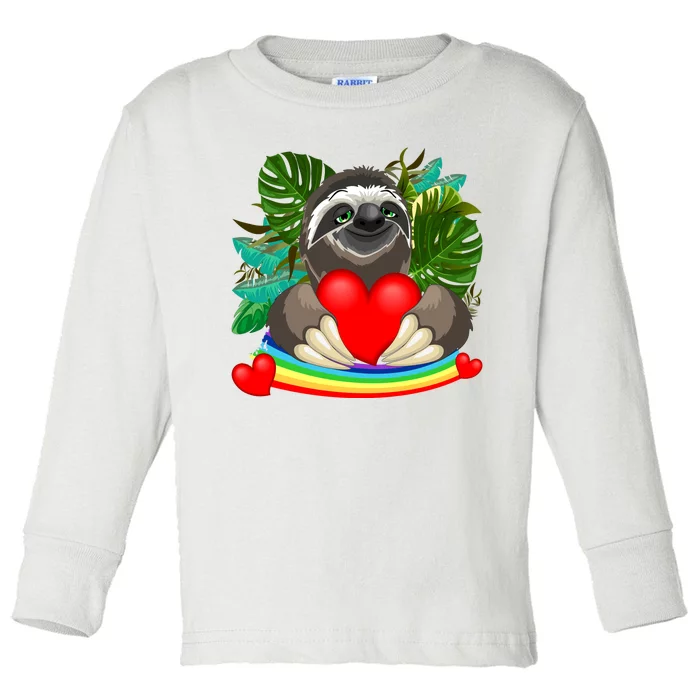 Happy Valentines Day Cute Sloth With Rainbow And Heart Toddler Long Sleeve Shirt