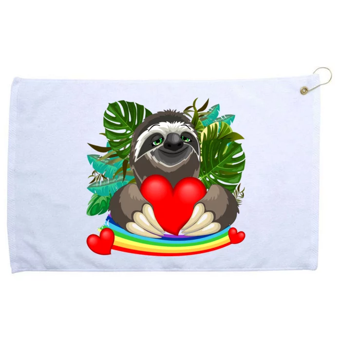 Happy Valentines Day Cute Sloth With Rainbow And Heart Grommeted Golf Towel