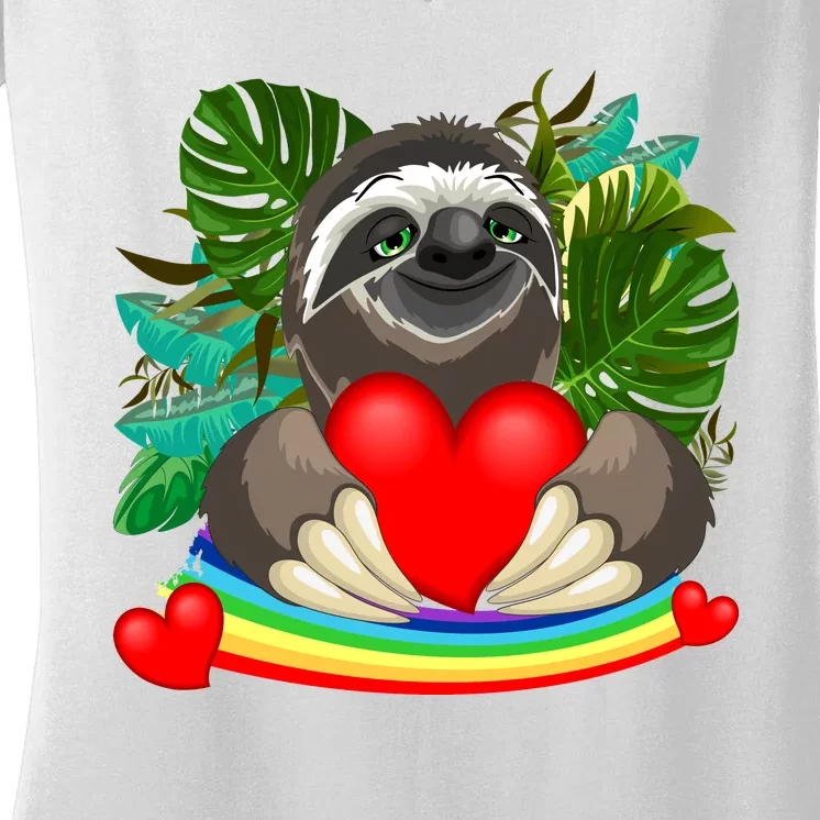 Happy Valentines Day Cute Sloth With Rainbow And Heart Women's V-Neck T-Shirt