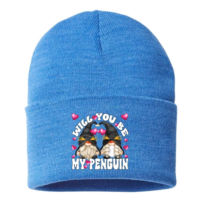 Happy Valentines Day Gnome Graphic Will You Be My Penguin Gift Sustainable Knit Beanie