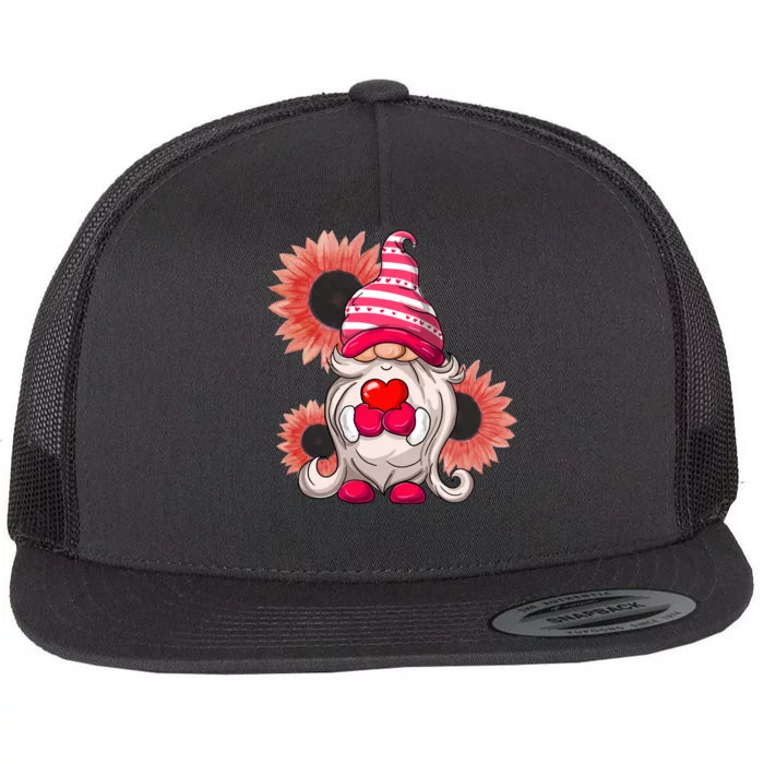 Happy Valentine's Day Gnome Sunflower Flat Bill Trucker Hat