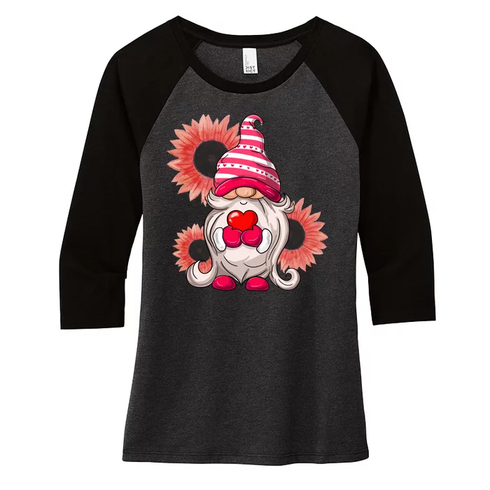 Happy Valentine's Day Gnome Sunflower Women's Tri-Blend 3/4-Sleeve Raglan Shirt