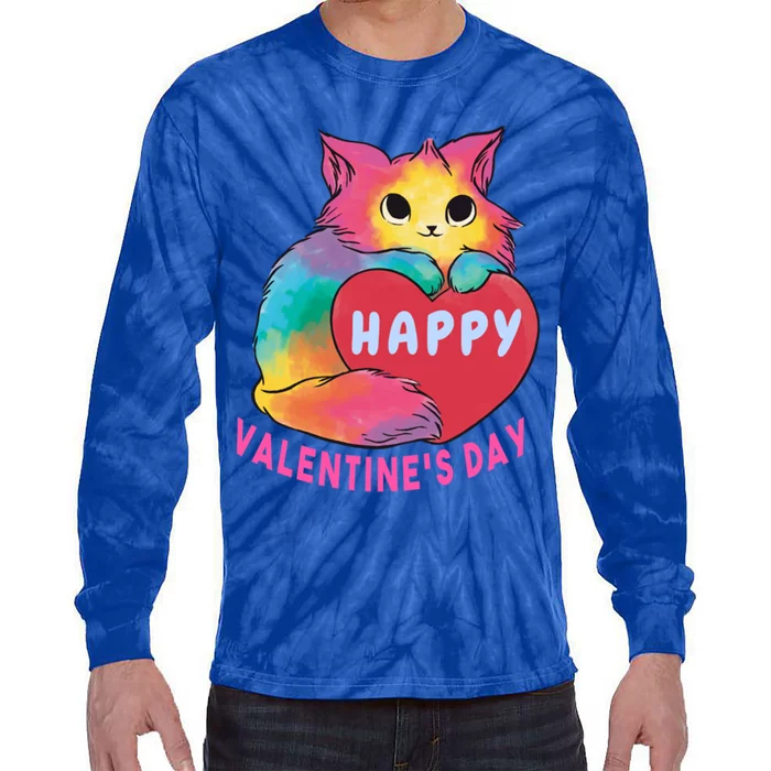 Happy Valentine's Day Love Cat Funny Gift Tie-Dye Long Sleeve Shirt