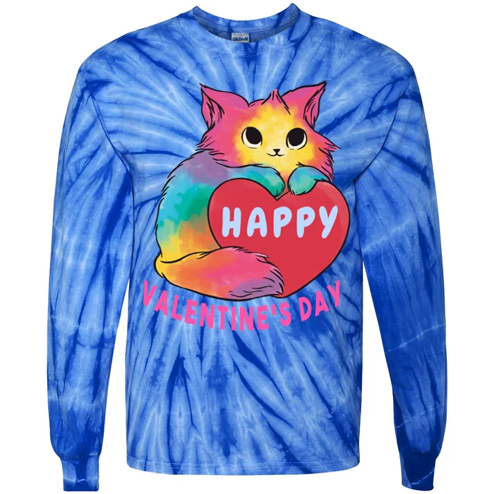 Happy Valentine's Day Love Cat Funny Gift Tie-Dye Long Sleeve Shirt