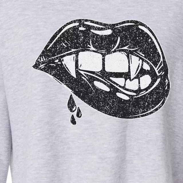 Halloween Vampire Fangs Female Lips Blood Cropped Pullover Crew