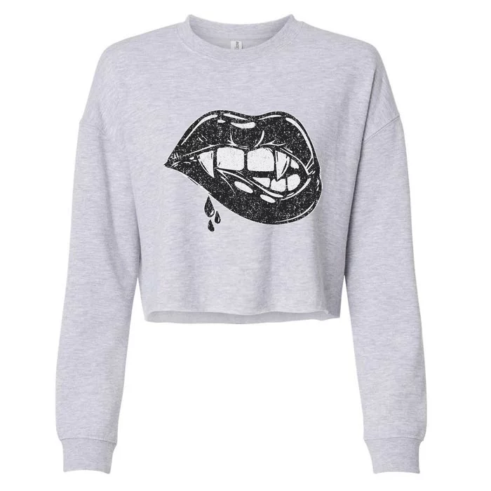 Halloween Vampire Fangs Female Lips Blood Cropped Pullover Crew