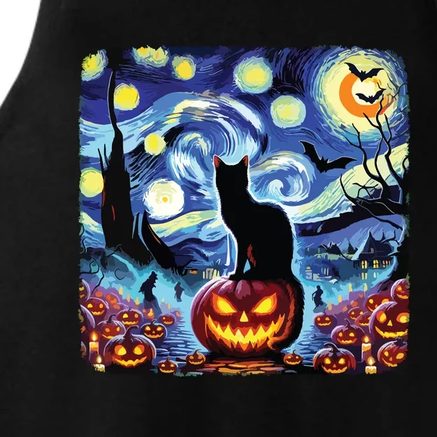 Halloween Van Gogh Starry Night Black Cat Pumpkins Bats Ladies Tri-Blend Wicking Tank