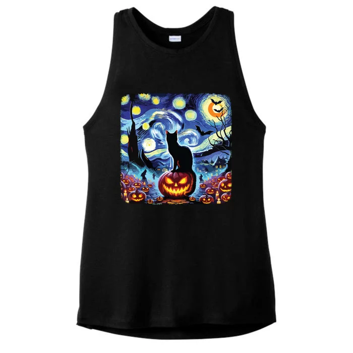 Halloween Van Gogh Starry Night Black Cat Pumpkins Bats Ladies Tri-Blend Wicking Tank