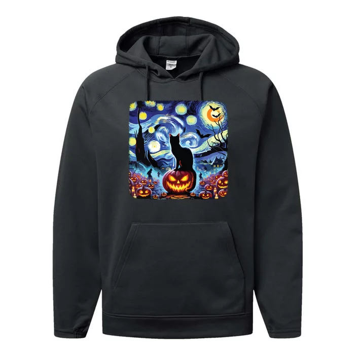 Halloween Van Gogh Starry Night Black Cat Pumpkins Bats Performance Fleece Hoodie