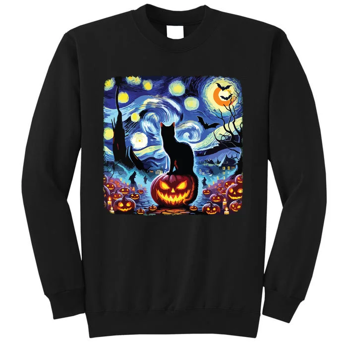 Halloween Van Gogh Starry Night Black Cat Pumpkins Bats Tall Sweatshirt