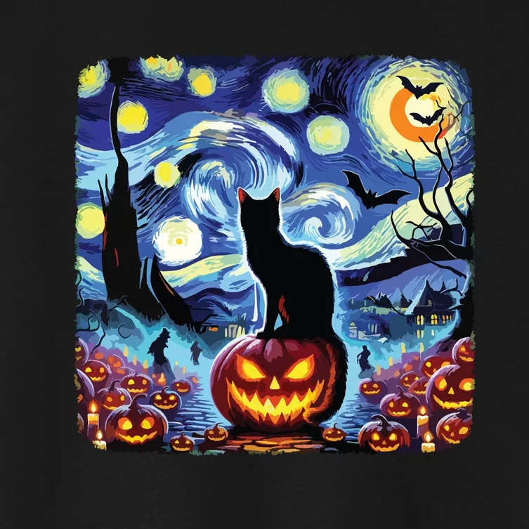 Halloween Van Gogh Starry Night Black Cat Pumpkins Bats Women's Crop Top Tee